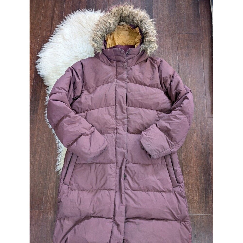 prAna Kromata Long Down Jacket Puffer Coat Faux Fur Hood M Medium Purple Plum